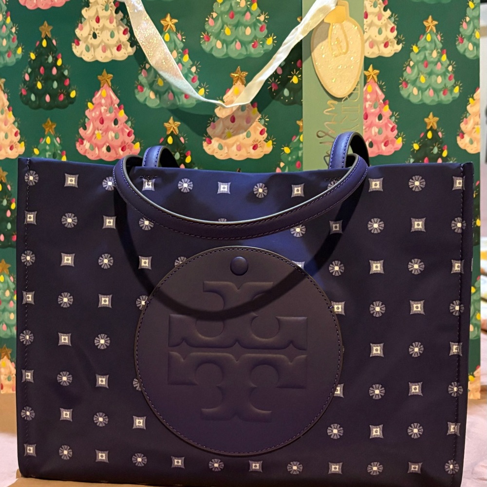Tory Burch Navy Embossed Logo Studded Tote with Top Handles